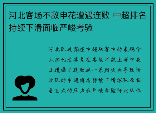 河北客场不敌申花遭遇连败 中超排名持续下滑面临严峻考验