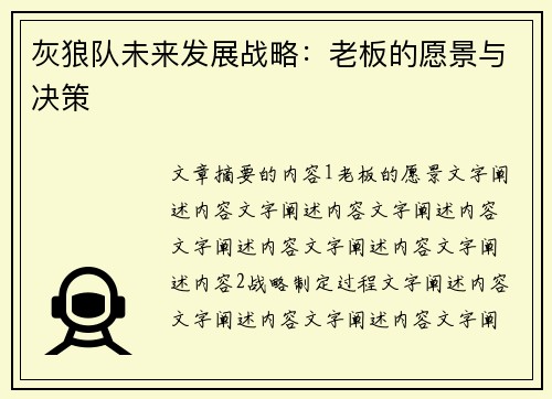 灰狼队未来发展战略：老板的愿景与决策