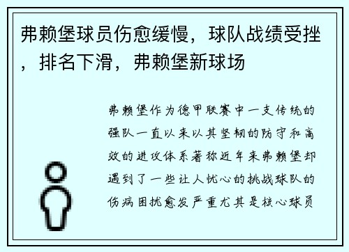 弗赖堡球员伤愈缓慢，球队战绩受挫，排名下滑，弗赖堡新球场