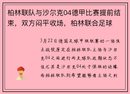 柏林联队与沙尔克04德甲比赛提前结束，双方闷平收场，柏林联合足球