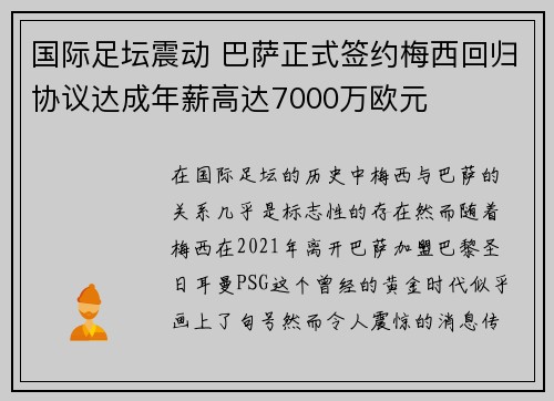 国际足坛震动 巴萨正式签约梅西回归协议达成年薪高达7000万欧元